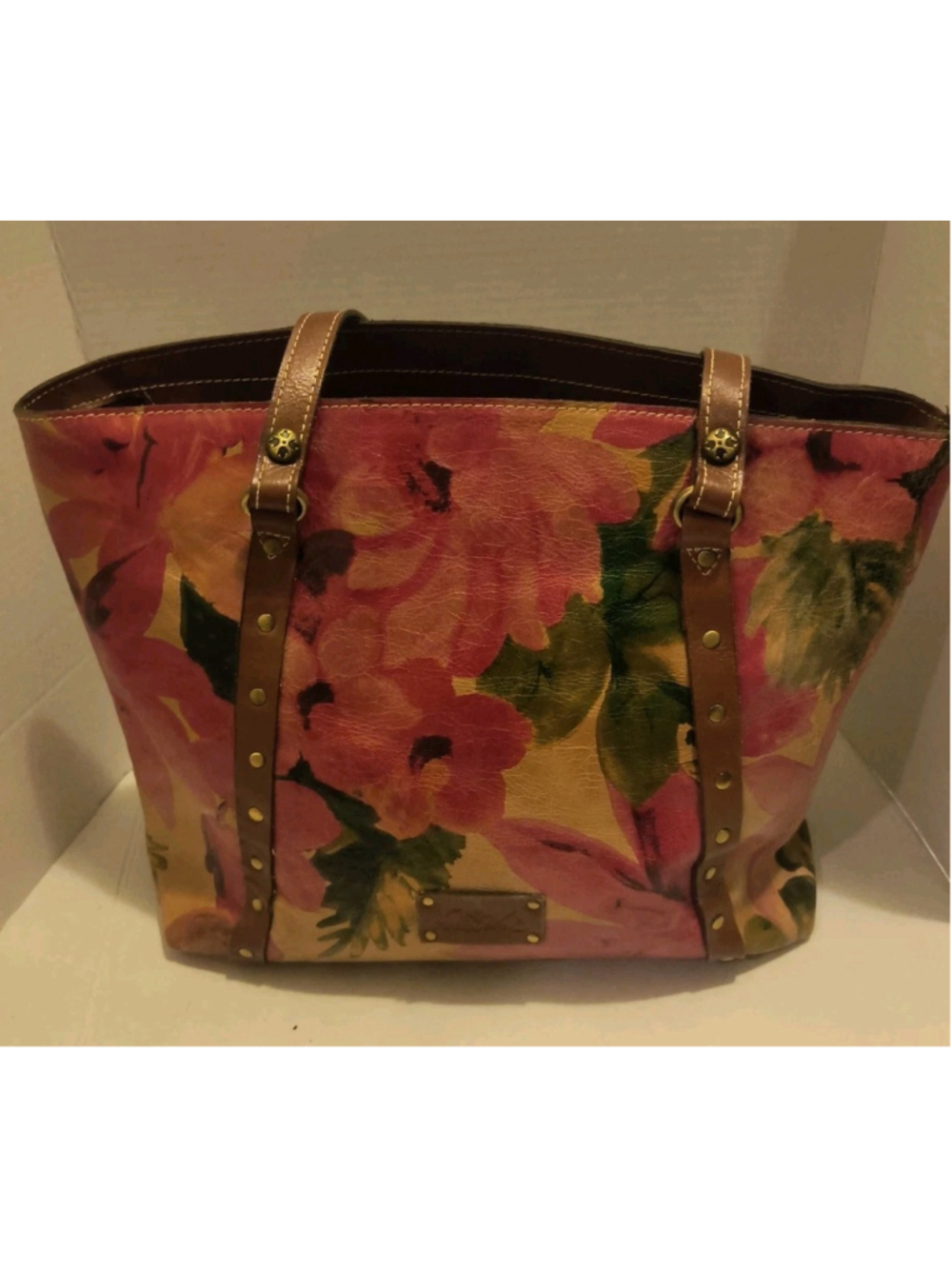 Patricia Nash Leather Tote Watercolor Floral Studded Shoulder Handbag Dust Bag